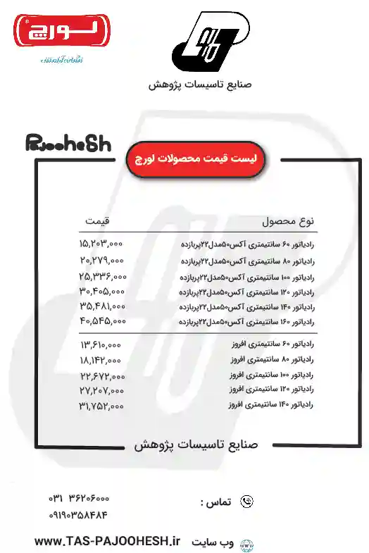 لیست قیمت رادیاتور لورچ دی 1402